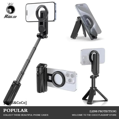 Black phone holder with stand and ring light on a white background, featuring the brand 'Miss.co'. Lightweight magnetic selfie stick tripod, extendable, remote controlled, compatible with MagSafe iPhones & Androids. Perfect for creators & travel.