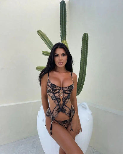 Embroidered black lace lingerie set — underwire bra and brief, floral lace detail, women's sexy lingerie UK