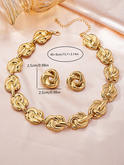 Gold knot chain necklace and stud earrings set flat lay with size dimensions 40+8cm and 2.5cm earrings