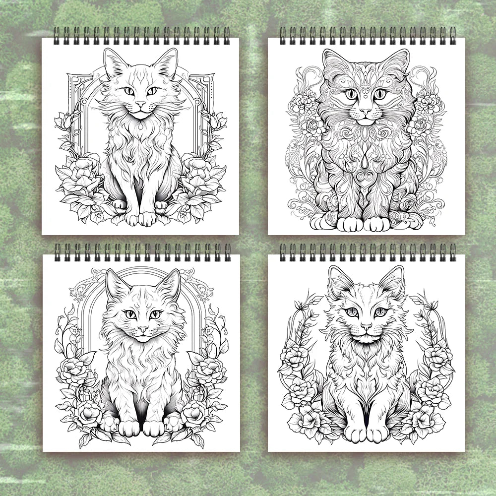 Four spiral-bound coloring books with cat illustrations on a green textured background. Adult women's spiral coloring book with 30 sheets, 8.3x8.3 inches, ideal gift for birthday or holiday party, creative drawing, UK FTF Market.