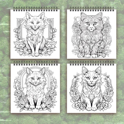 Four spiral-bound coloring books with cat illustrations on a green textured background. Adult women's spiral coloring book with 30 sheets, 8.3x8.3 inches, ideal gift for birthday or holiday party, creative drawing, UK FTF Market.