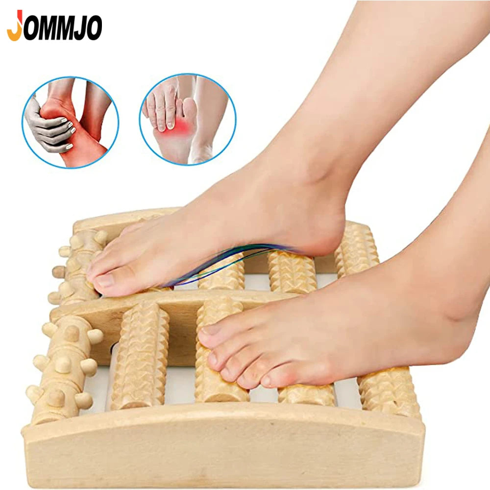 Person using a wooden foot massager with close-up insets of sore feet and knee.