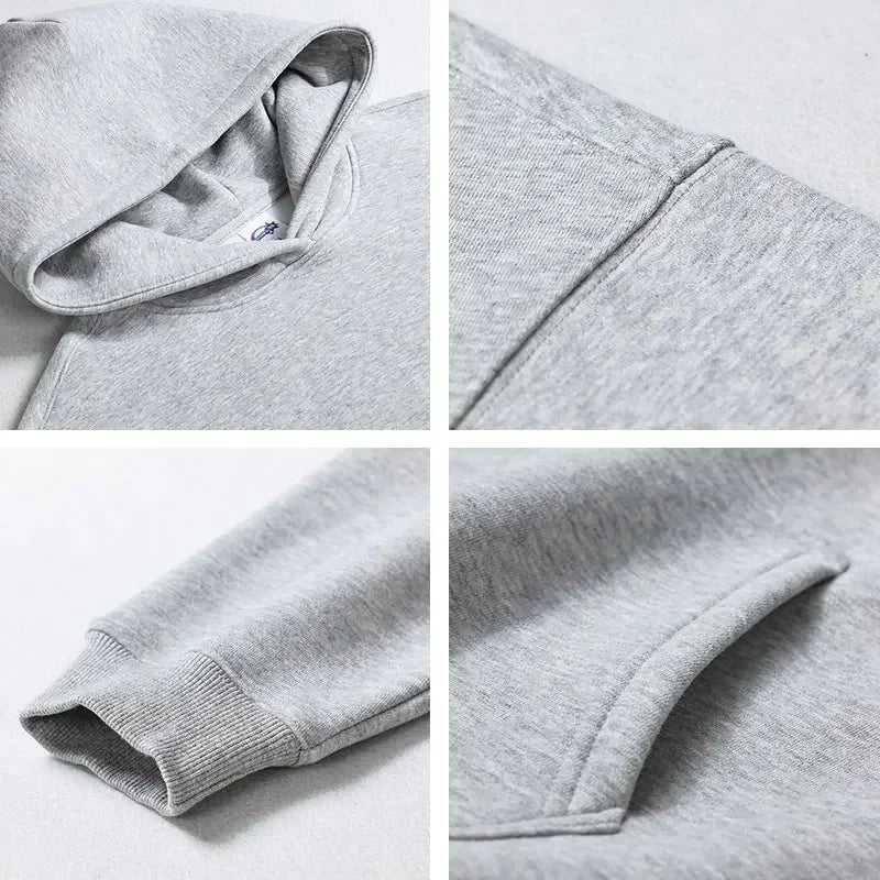 Collage of a gray hoodie showing different angles on a light gray background