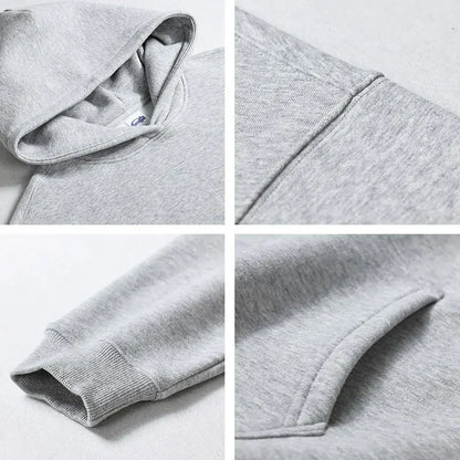 Collage of a gray hoodie showing different angles on a light gray background