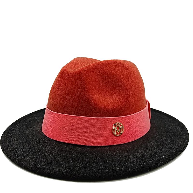 Two-toned hat with red top and black bottom on a white background. Unisex double fedora hat, dual color gradient tie-dye, casual jazz style, cotton-polyester mix, suitable for outdoor autumn and spring.