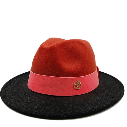 Two-toned hat with red top and black bottom on a white background. Unisex double fedora hat, dual color gradient tie-dye, casual jazz style, cotton-polyester mix, suitable for outdoor autumn and spring.