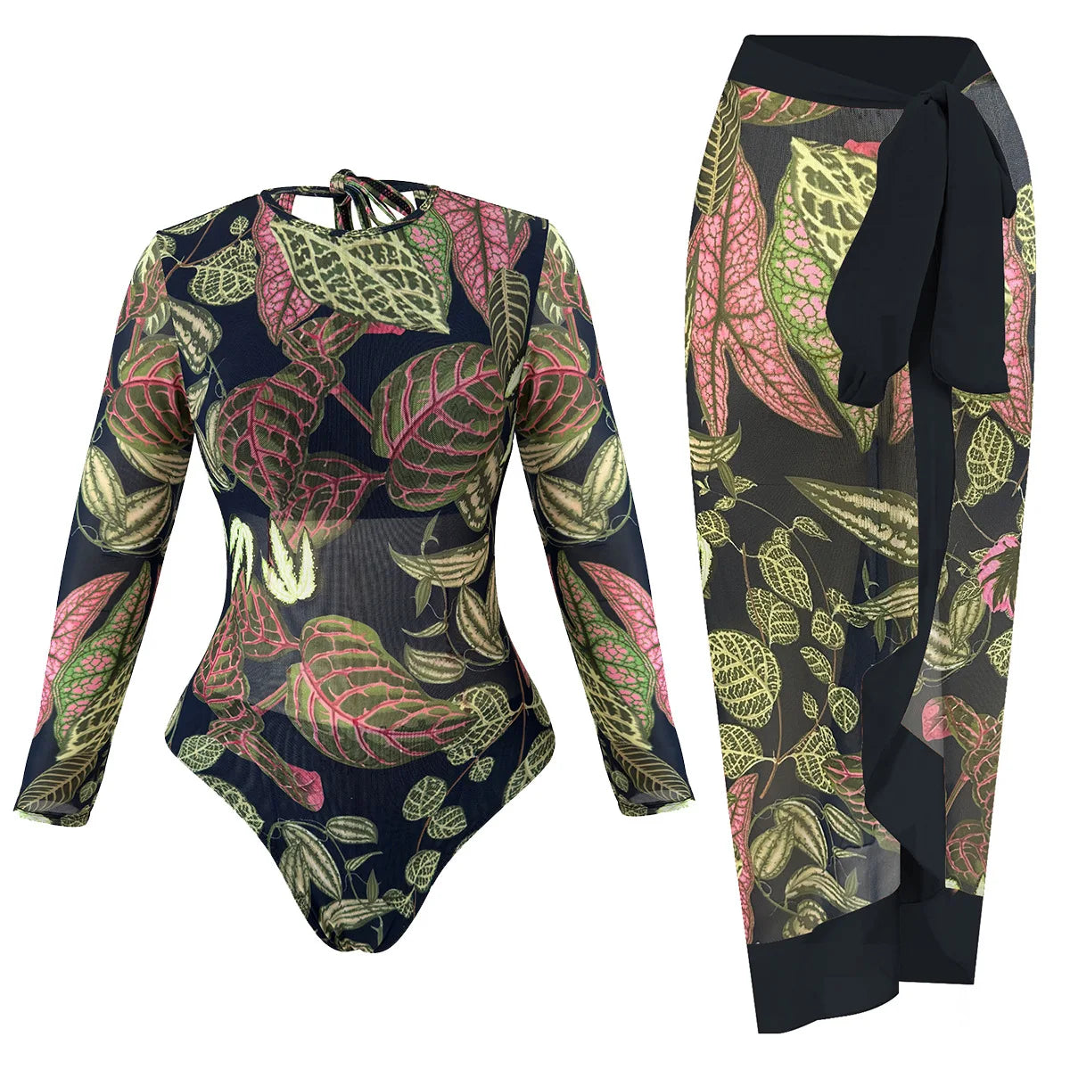Terracotta floral mesh swimdress — high waist long sleeve one-piece swimwear women