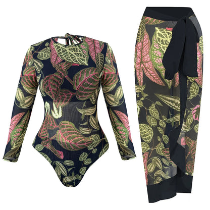 Terracotta floral mesh swimdress — high waist long sleeve one-piece swimwear women
