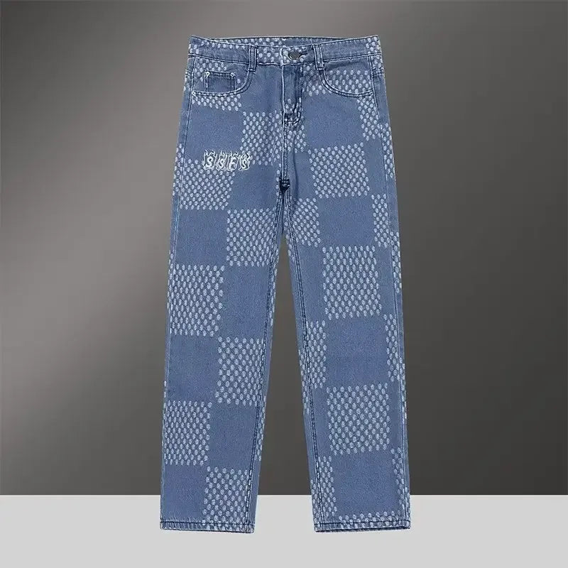 Blue checkered jeans on a gray background
