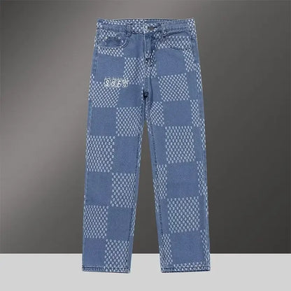 Blue checkered jeans on a gray background