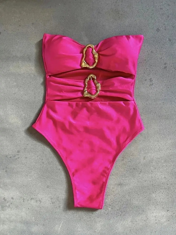 Hot pink bandeau one piece swimsuit with metal rings – High leg cut women – FTF Market