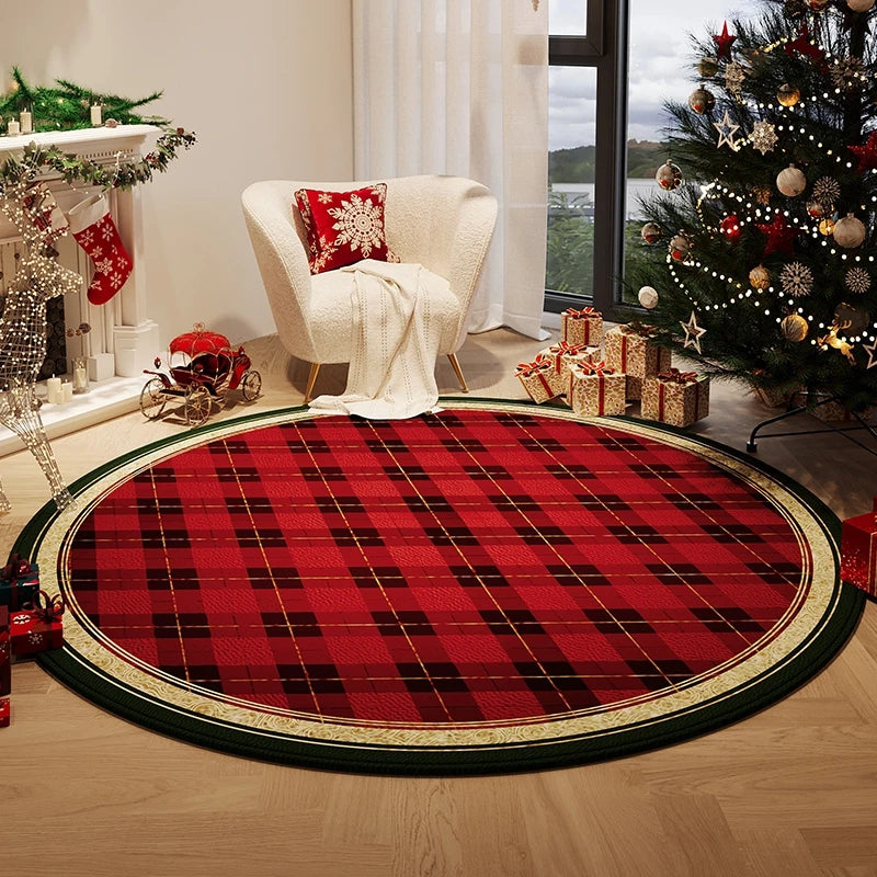 Red plaid rug in a room with Christmas decorations, including a tree and presents. Round plush red carpet, soft and thick. Machine-woven, washable, ideal for living room, bedroom, cloakroom. Modern style UK home décor.