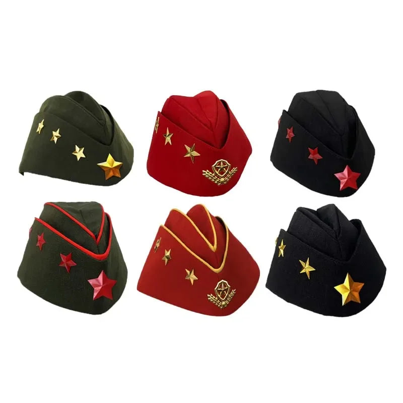 Set of six military-style hats in green, red, and black with star designs on a white background.