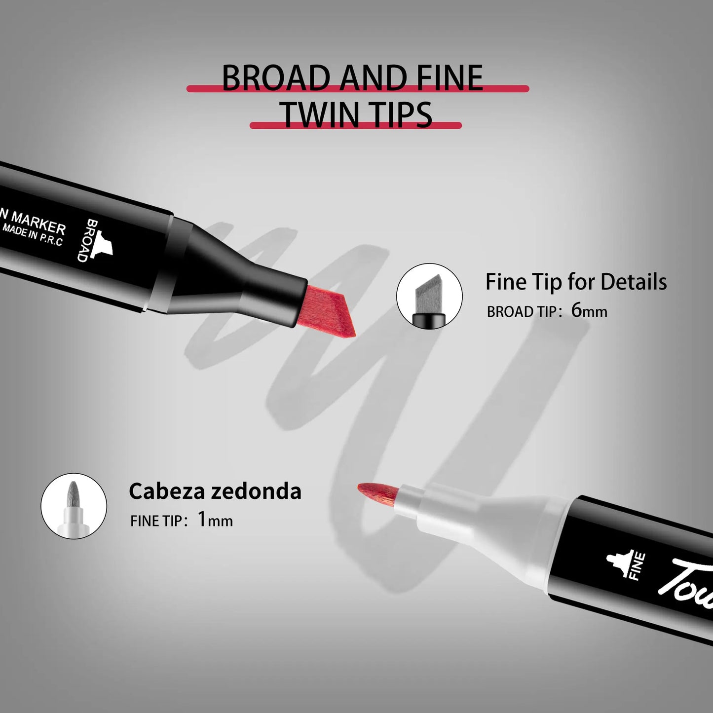 Two markers with broad and fine tips on a gray background. Pro Dual-Tip Alcohol Markers Set featuring fine and chisel tips, vibrant streak-free ink, ergonomic design for artists’ coloring and sketching projects UK.