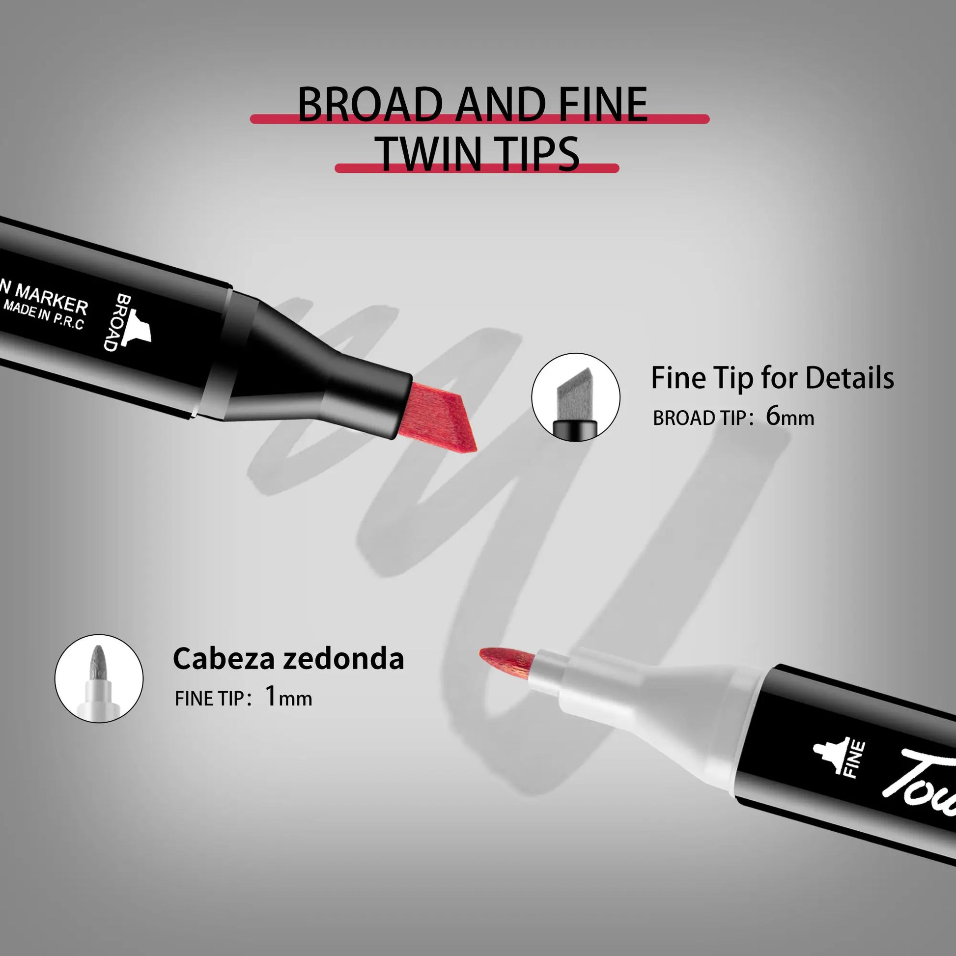 Two markers with broad and fine tips on a gray background. Pro Dual-Tip Alcohol Markers Set featuring fine and chisel tips, vibrant streak-free ink, ergonomic design for artists’ coloring and sketching projects UK.