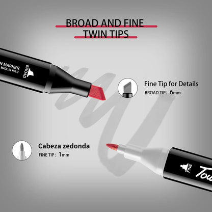 Two markers with broad and fine tips on a gray background. Pro Dual-Tip Alcohol Markers Set featuring fine and chisel tips, vibrant streak-free ink, ergonomic design for artists’ coloring and sketching projects UK.