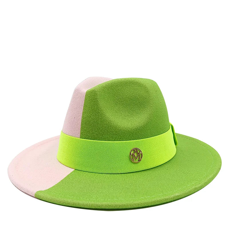 Green and pink fedora hat with a gold logo on a white background. Unisex double fedora hat, dual color gradient tie-dye, casual jazz style, cotton-polyester mix, suitable for outdoor autumn and spring.