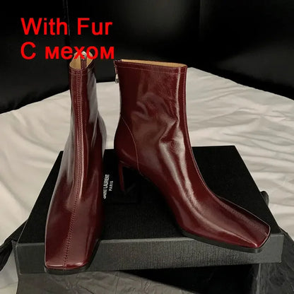 Women's Ankle Boots – Genuine leather, thick high heels, lace-up detailing, casual office wear, evening party dress booties. Available on FTFmarket.net, fast delivery in the UK.