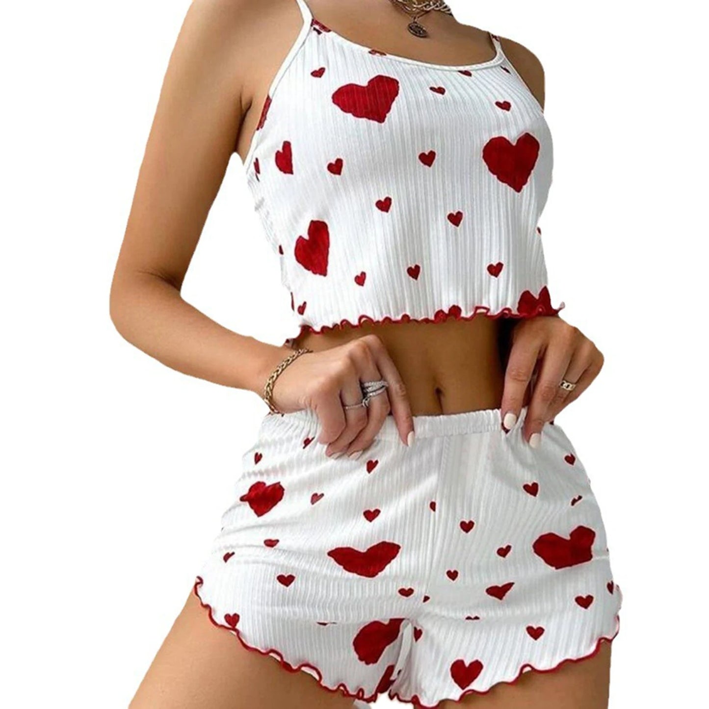 White sleeveless top and shorts set with red heart patterns on a white background. Soft women’s pajama set, 2 pieces white tank top and shorts, breathable fabric with love print, comfortable casual sleepwear, UK FTF Market.