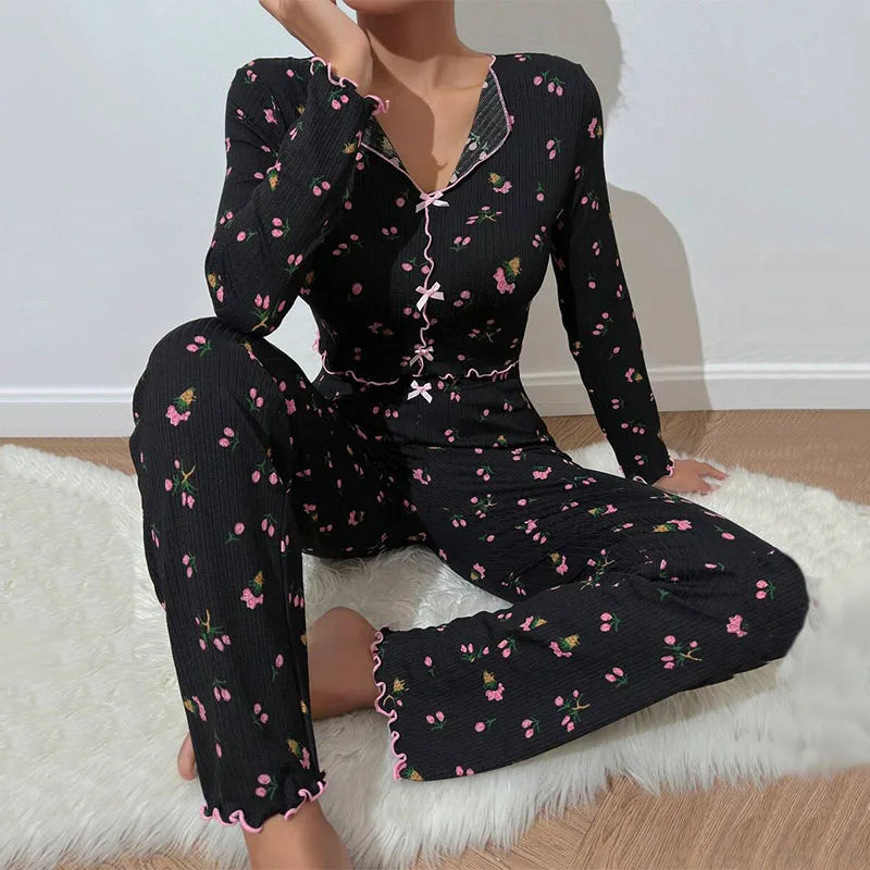 Women Floral Print Pajama Sets Long Sleeve Shirts+Pants Female Casual Home Clothes Spring Autumn Sleepwear Bow Nightwear Suits. Available at FTF Market. 
Women's Sleepwear, Floral Print Pajama Set, Long Sleeve Shirts, Pants Set, Casual Home Clothes, Spring Autumn Sleepwear, Bow Nightwear Suits, Comfortable Nightwear, Stylish Pajamas, Home Clothes, Women's Pajamas, FTF Market UK, ftf fashion