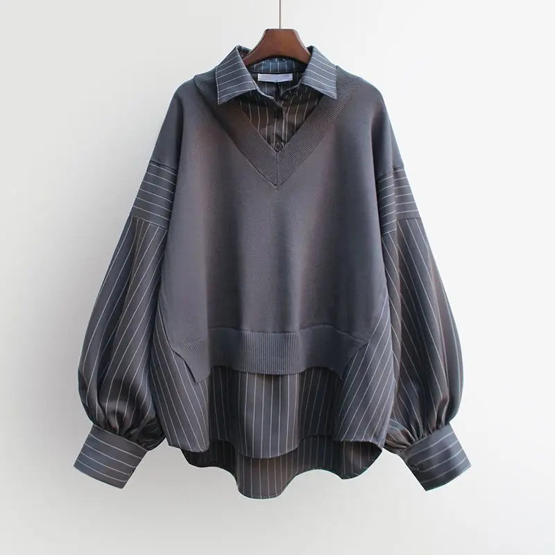 Women's Korean Loose Fashion Shirt Top – Casual two-piece top for spring and autumn. Trendy Korean style, loose and comfortable fit. Available on FTFmarket.net, fast delivery in the UK.