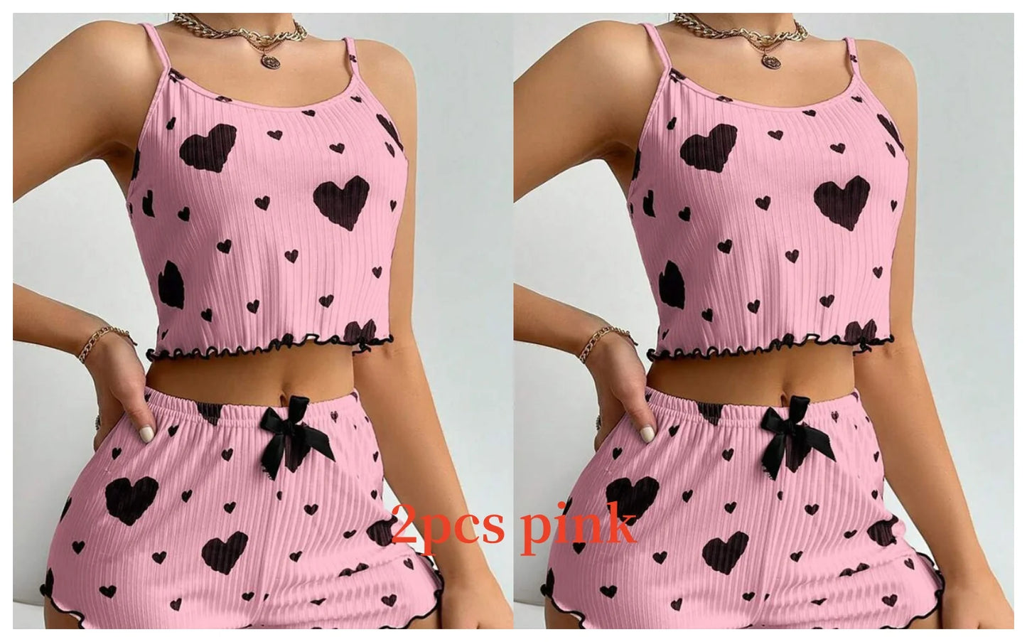Pink two-piece set with heart patterns on a plain background. Soft women’s pajama set, 2 pieces white tank top and shorts, breathable fabric with love print, comfortable casual sleepwear, UK FTF Market.