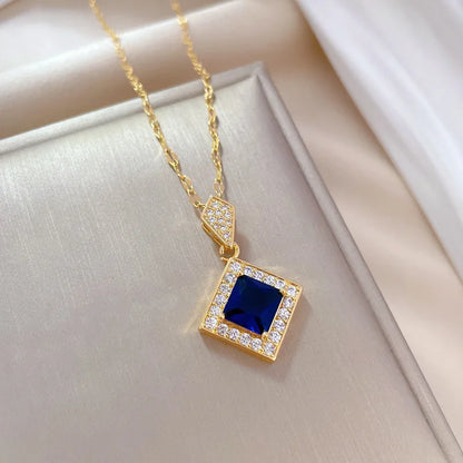 316L Stainless Steel Blue Crystal Necklace and Earrings Set with Square Design