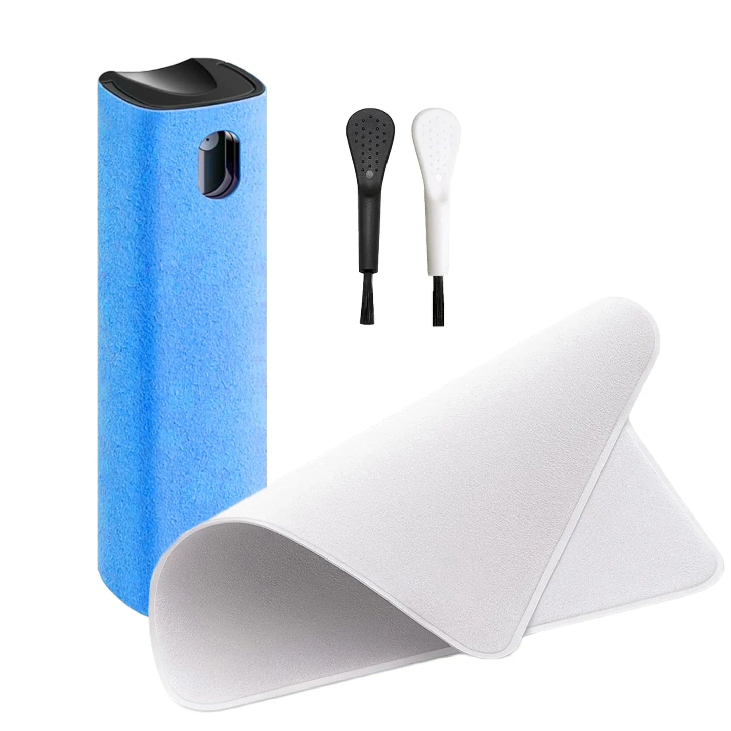 Blue phone case with a white mat and two black and white sticks on a white background. 4in1 microfiber screen cleaner spray with cloth for phones, tablets, computers, glasses. Portable, streak-free, safe for all screens, UK FTF Market.