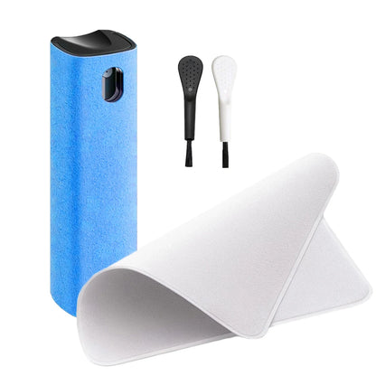Blue phone case with a white mat and two black and white sticks on a white background. 4in1 microfiber screen cleaner spray with cloth for phones, tablets, computers, glasses. Portable, streak-free, safe for all screens, UK FTF Market.
