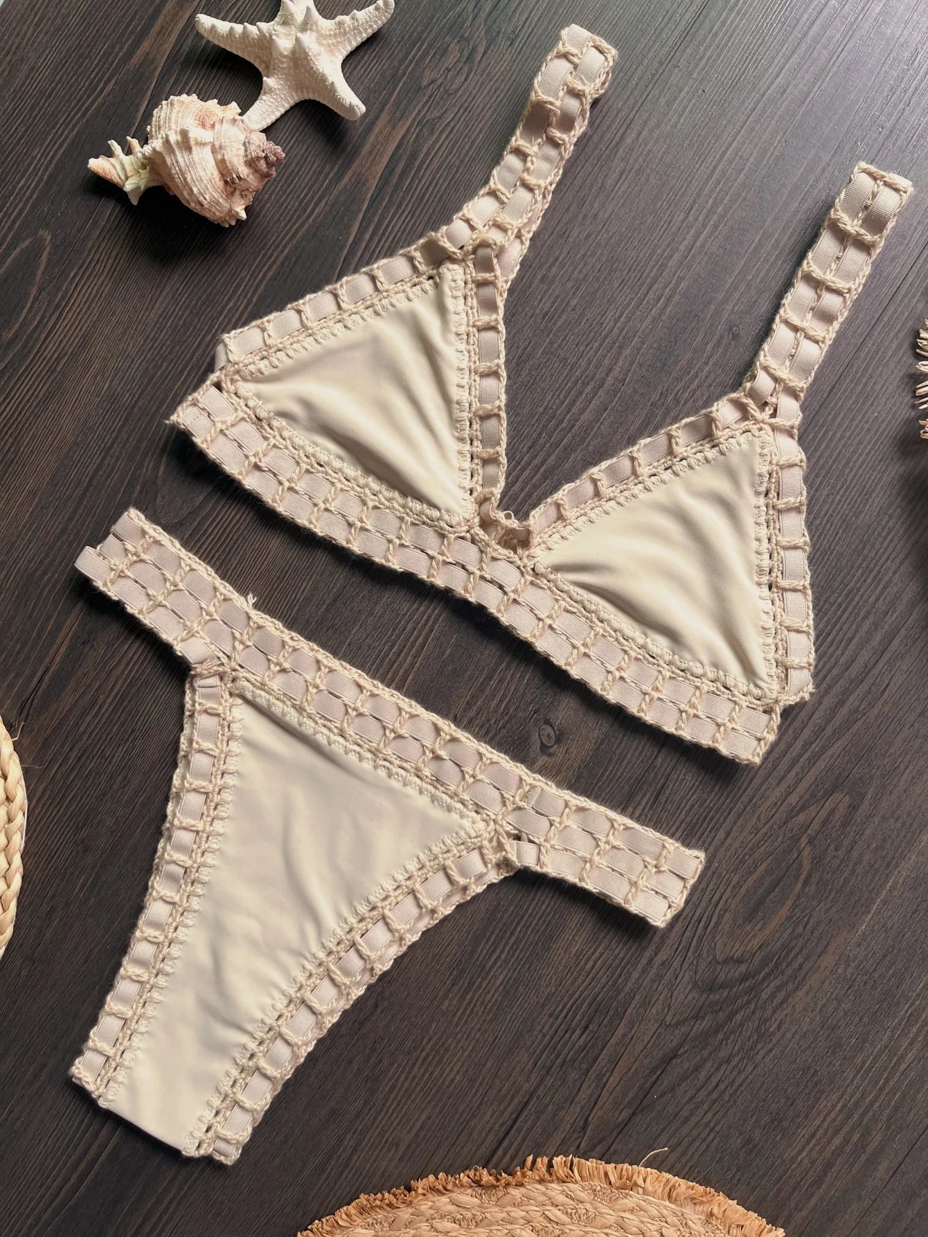 Brown chocolate crochet bikini set — low waist bandeau swimwear