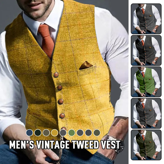 Collection of stylish men's vests ranging from slim-fit to oversized, casual to formal, in various materials and patterns