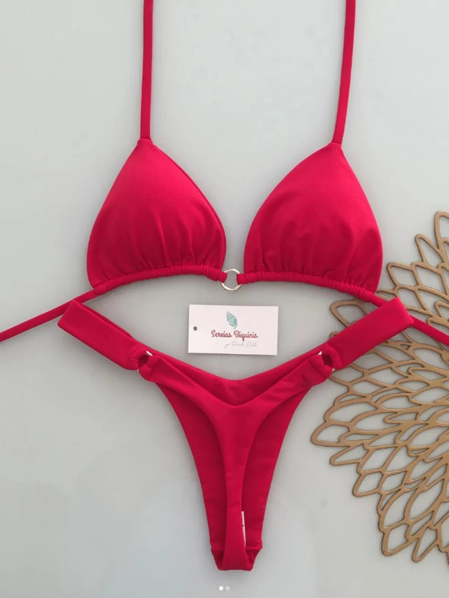 Neon pink micro bikini set halter top Brazilian thong — sexy beach swimwear women