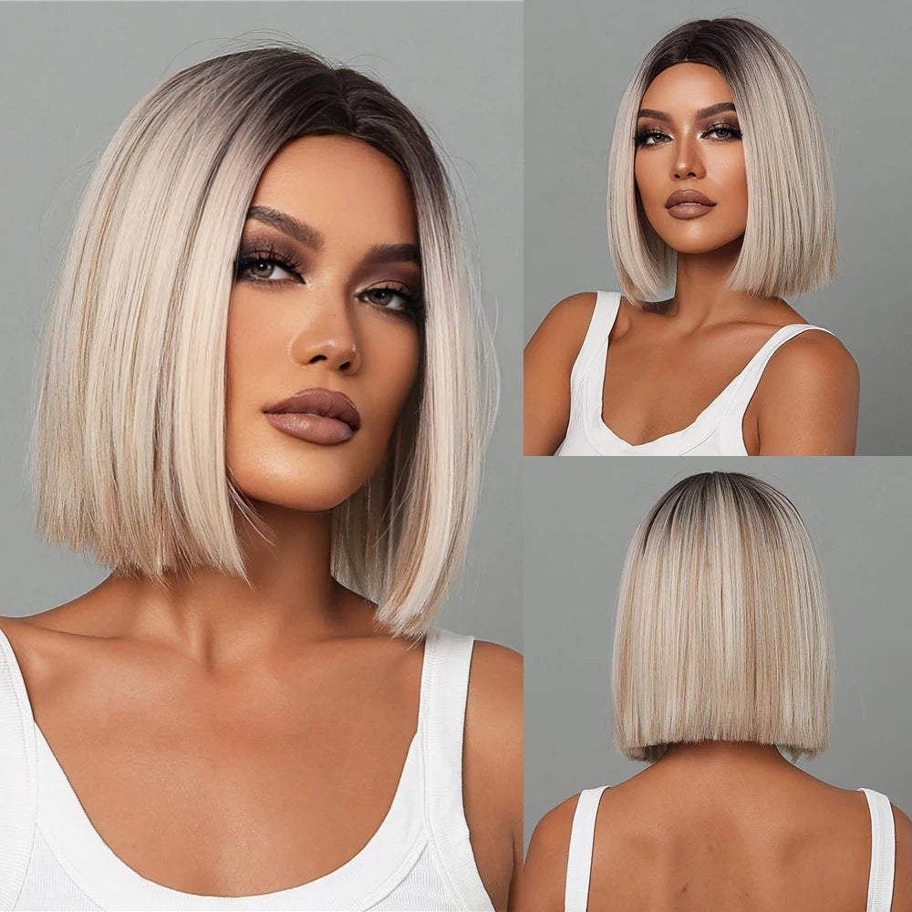 Platinum blonde bob wig with dark roots, straight cut, styled on a model.