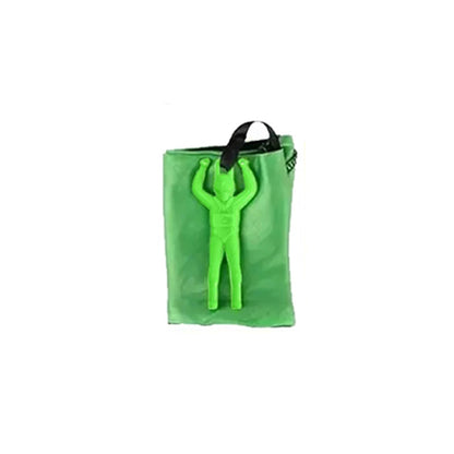 Green sandbag with a black handle on a white background. Colorful outdoor parachute toy for kids, tangle-free design. Durable plastic, unisex gift idea for boys and girls. UK delivery ftf fashion.