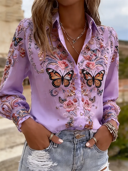 Butterfly floral print blouse women lilac purple long sleeve boho casual top