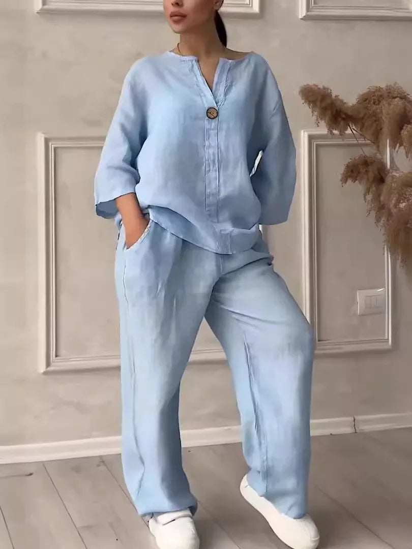 Women's co-ord set in light blue — casual linen blouse and wide leg trousers...