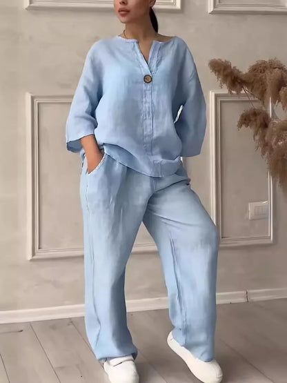 Women's co-ord set in light blue — casual linen blouse and wide leg trousers...
