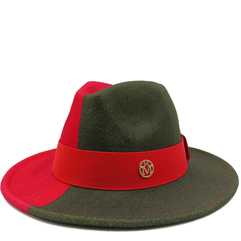 Green and red hat with a logo on a white background. Unisex double fedora hat, dual color gradient tie-dye, casual jazz style, cotton-polyester mix, suitable for outdoor autumn and spring.