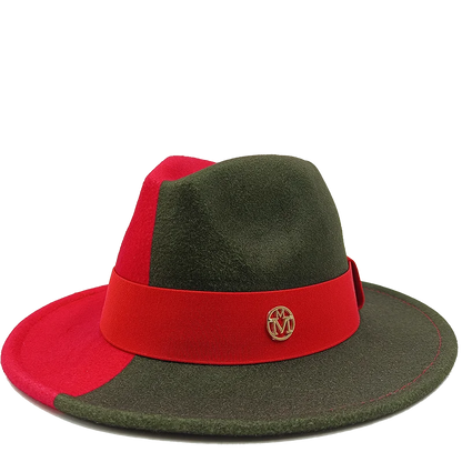 Green and red hat with a logo on a white background. Unisex double fedora hat, dual color gradient tie-dye, casual jazz style, cotton-polyester mix, suitable for outdoor autumn and spring.