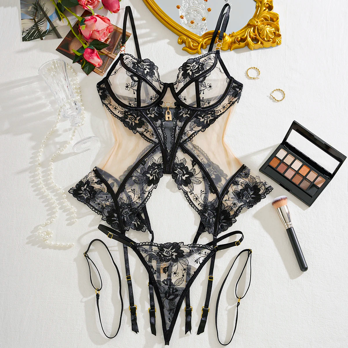 Embroidered black lace lingerie set — underwire bra and brief, floral lace detail, women's sexy lingerie UK