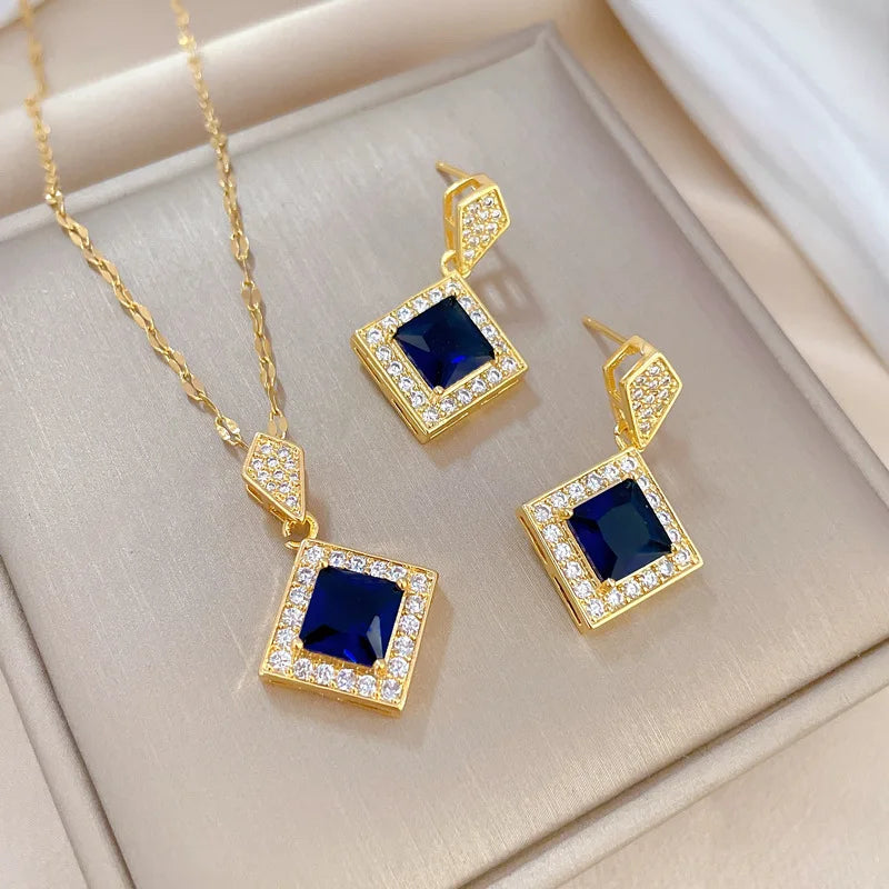 316L Stainless Steel Blue Crystal Necklace and Earrings Set with Square Design