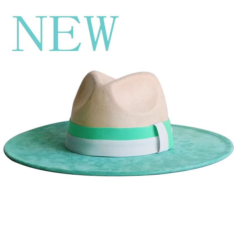 Beige and teal hat with a wide brim on a white background