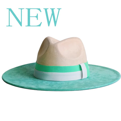 Beige and teal hat with a wide brim on a white background