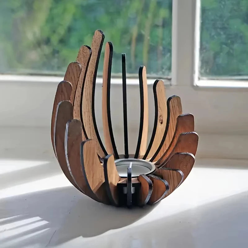 Wooden candle holder with a modern design on a light surface.