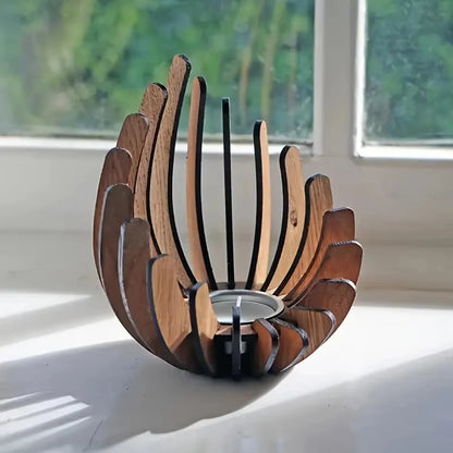 Wooden candle holder with a modern design on a light surface.