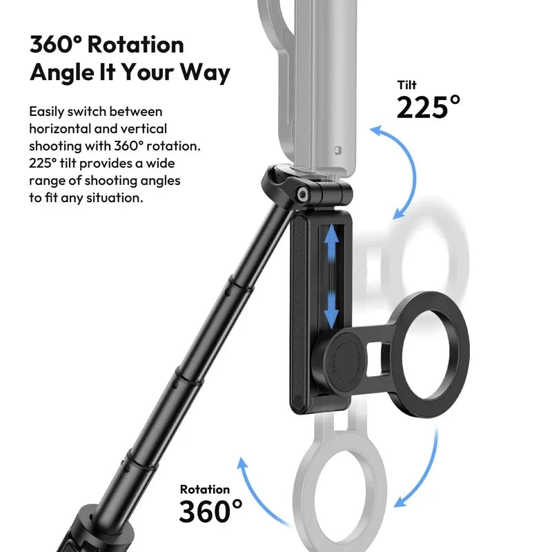 Camera stabilizer with 360-degree rotation and 225-degree tilt on a white background. Lightweight magnetic selfie stick tripod, extendable, remote controlled, compatible with MagSafe iPhones & Androids. Perfect for creators & travel.