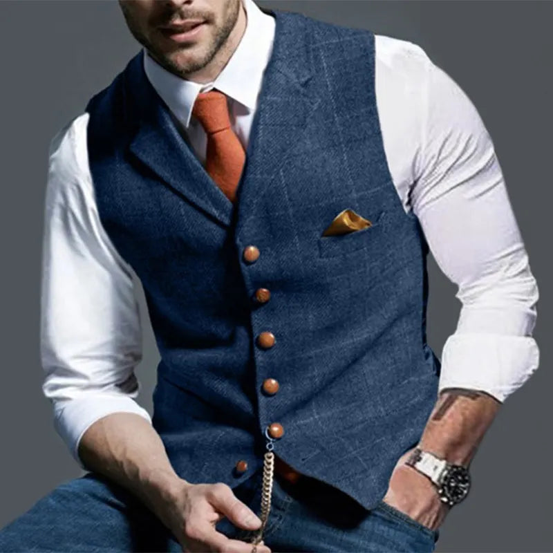 Collection of stylish men's vests ranging from slim-fit to oversized, casual to formal, in various materials and patterns