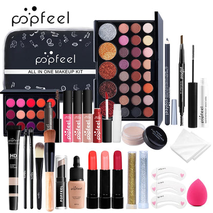 Popfeel makeup kit with various cosmetic items on a white background. POPFEL all-in-one makeup kit with eyeshadow, eyeliner, eyebrow pencil, lip gloss. Full set for women’s flawless face makeup.