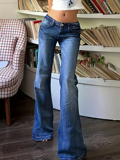 Person wearing blue flared jeans standing in a room with bookshelves and a chair. Women’s slim trumpet jeans mid waist in stretchy soft denim. Casual bell bottoms style with enzyme wash, perfect for UK fashion.