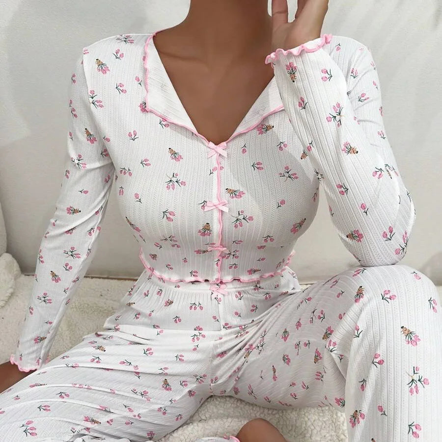 Women Floral Print Pajama Sets Long Sleeve Shirts+Pants Female Casual Home Clothes Spring Autumn Sleepwear Bow Nightwear Suits. Available at FTF Market. 
Women's Sleepwear, Floral Print Pajama Set, Long Sleeve Shirts, Pants Set, Casual Home Clothes, Spring Autumn Sleepwear, Bow Nightwear Suits, Comfortable Nightwear, Stylish Pajamas, Home Clothes, Women's Pajamas, FTF Market UK, ftf fashion